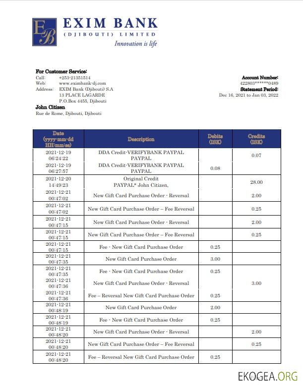 Modèle de relevé bancaire Djibouti Exim au format Word et PDF